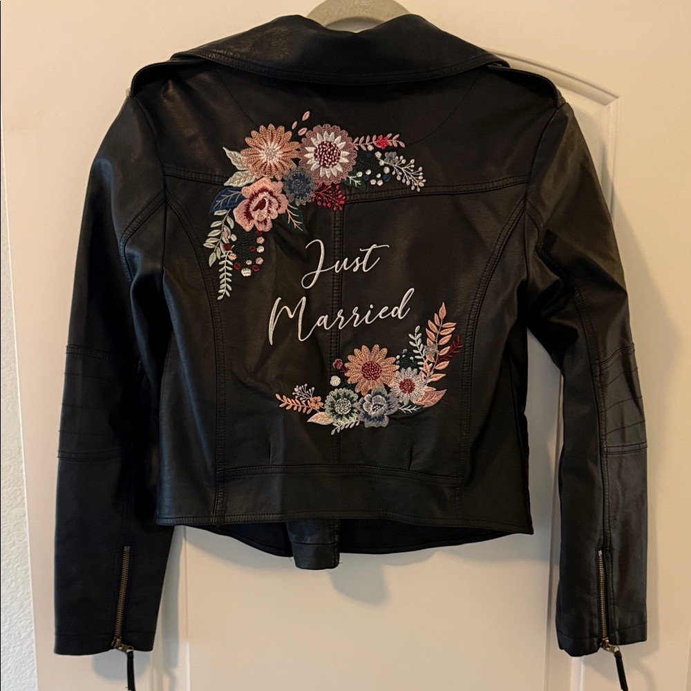 David's Bridal Black Leather Jacket with Floral Embroidery “Just Married”